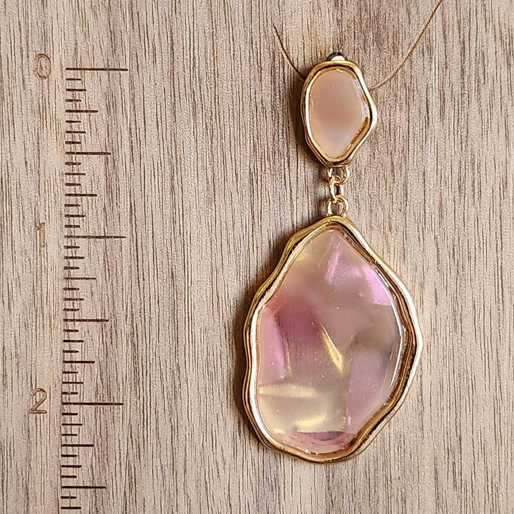 Pink Iridescent Gold Tone Organic Drop Earrings Pebble Statement Jewelry 2.25